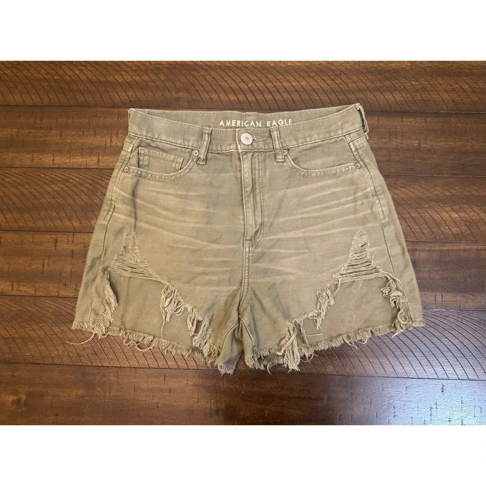 American Eagle Olive Green Distressed Denim‎ Shorts High Rise Cut Off Womens 4